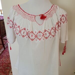 Embroidered White and Red Women's Top